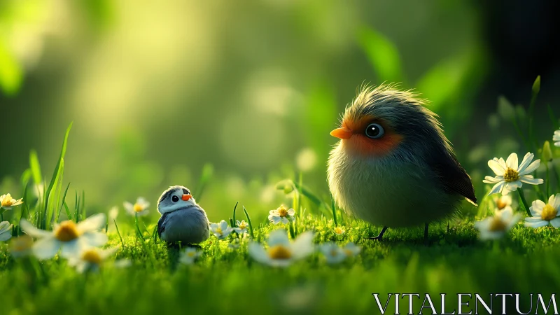 Two adorable fluffy birds in a dreamy meadow, digital art style.