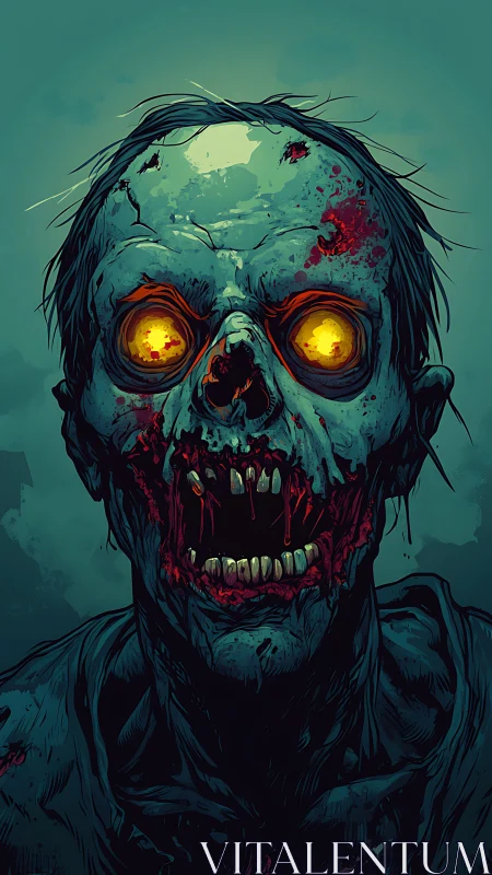 Glowing-eyed zombie portrait rendered in high-contrast digital horror