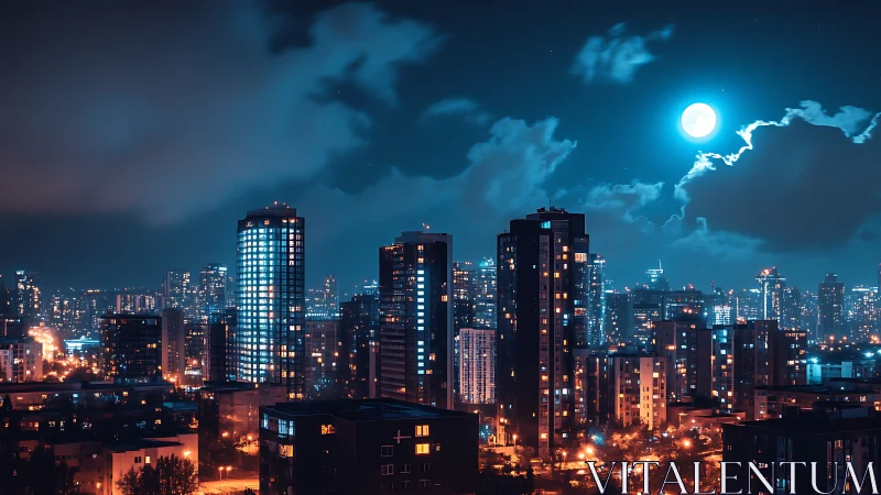 Moonlit high-rise skyline glows over vibrant nocturnal city