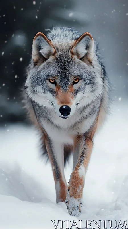 Grey wolf walks through falling snow in winter forest