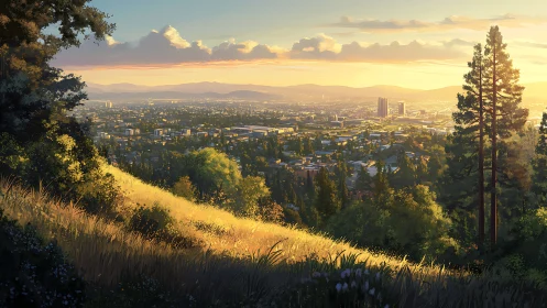 Sunlit hillside overlook above expansive modern cityscape.