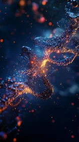 Luminous DNA helix glows with bioluminescent particle clusters.