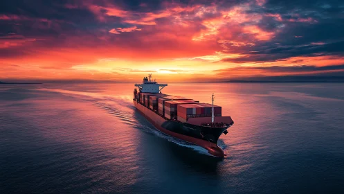 Cargo ship cuts through sunset seas under blazing skies