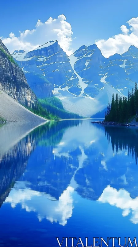 Mountain lake reflects snow peaks and clouds in bright daylight