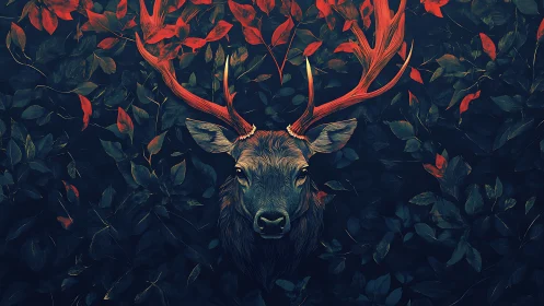 Deer head with red antlers is centered in stylized foliage
