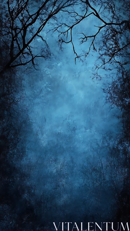 Nocturnal tree silhouettes framing misted cyan sky field