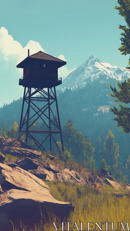 Fire lookout tower against alpine ridge in stylized light.