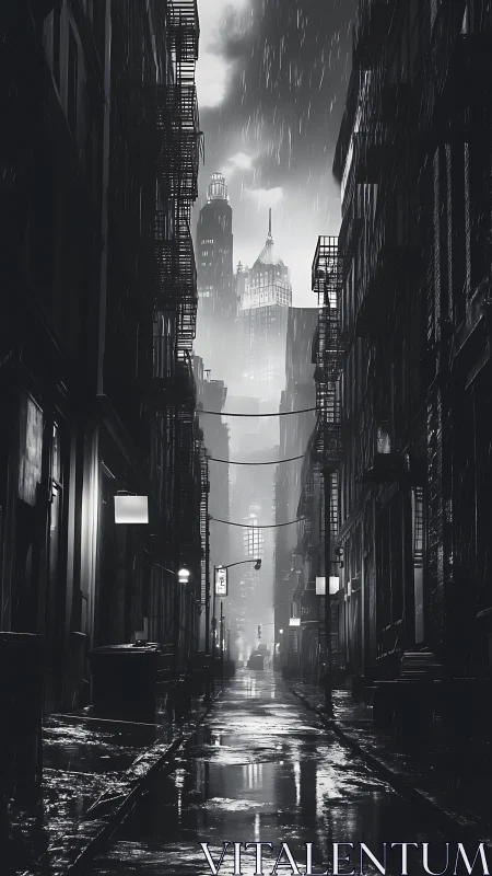 Noir city alleyway under rain with distant glowing towers.