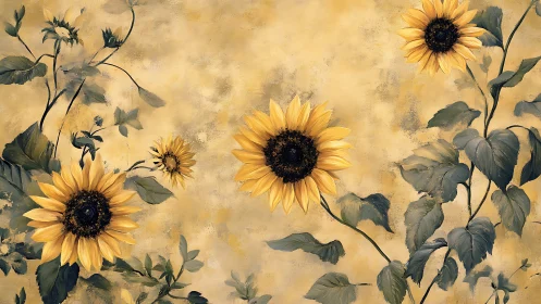 Sunflower stems against softly textured yellow backdrop.