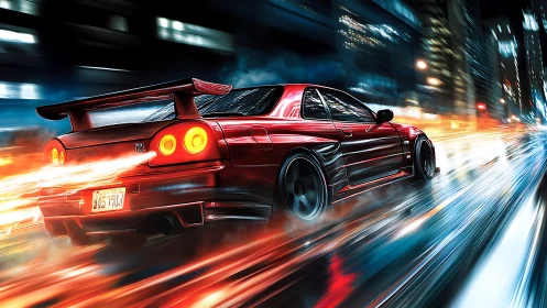 Midnight red street racer cutting through neon rainstorm.