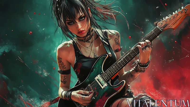 Ink‑tattooed punk guitarist with teal electric guitar mid‑riff