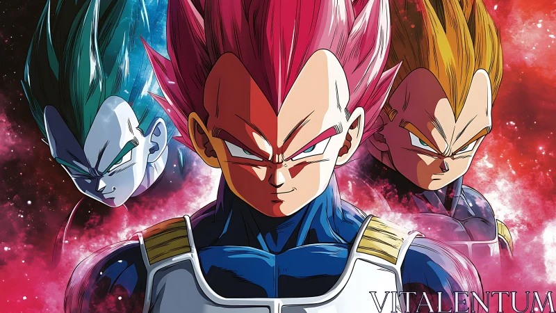 Saiyan warrior triptych channels raw cosmic battle energy.