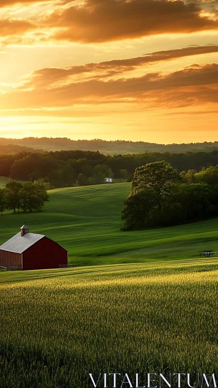 Sunlit hills cradle a quiet red barn beneath molten sky.