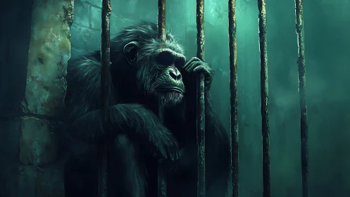 Digital painting of captive ape in moody teal enclosure.