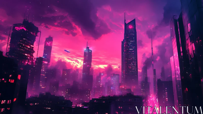 Neon magenta megacity skyline glows through dense cyber-fog