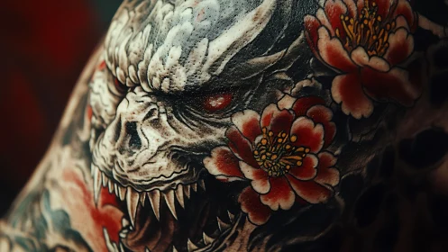 Demonic skull tattoo with scarlet florals and high contrast shading.