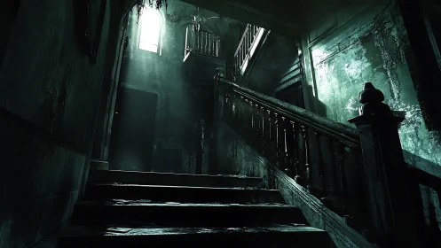 Haunted staircase rises into eerie light in decayed mansion