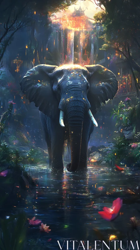 Mythic elephant in luminescent jungle waterfall tableau.
