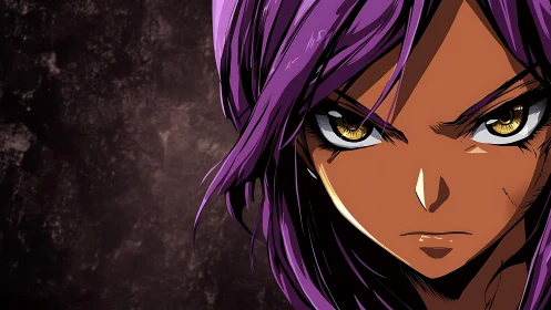 Purple haired anime warrior with intense golden eyes.