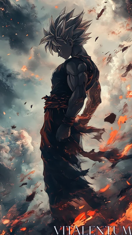 Dynamic anime warrior in vertical infernal atmosphere rendering.