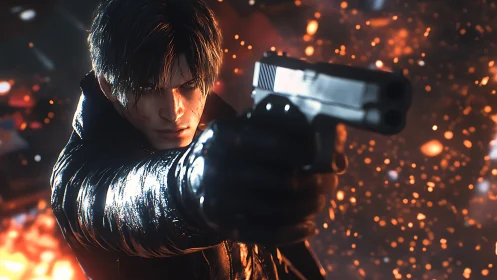 Cinematic close-up of armed character framed by fiery bokeh