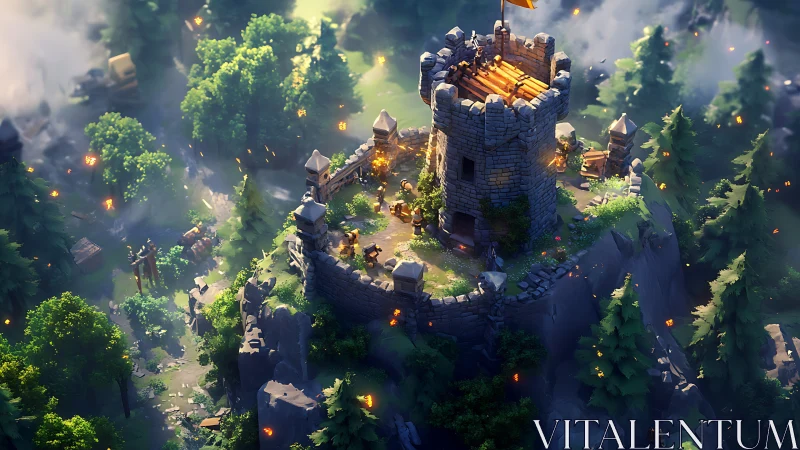 Medieval stone watchtower on forested cliff in warm bloom.