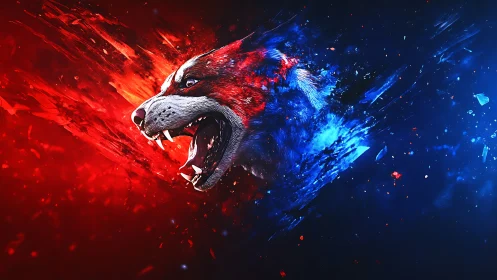 Dual-colored wolf erupts from red and blue energy shards.