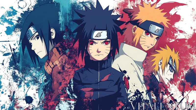 Intense anime warriors stand united in bold splattered color