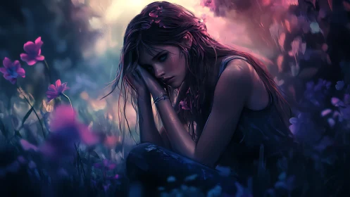 Melancholic girl in twilight garden with neon blossoms.