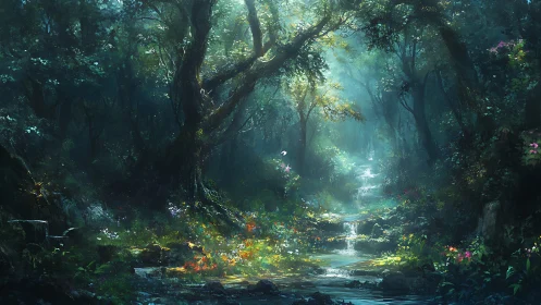 Wooded stream scene with atmospheric light rays penetrating dense canopy.