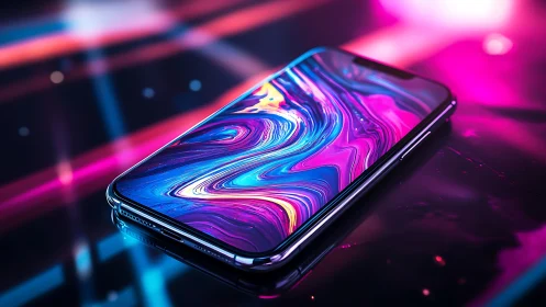 Neon-lit smartphone with swirling holographic liquid screen.