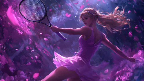 Female tennis player executes forehand amid falling petals