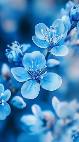 Delicate pentameric flowers exhibit pale blue petals with prominent staminal structures