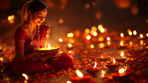 Woman in traditional attire lighting diyas for Diwali festival celebration.