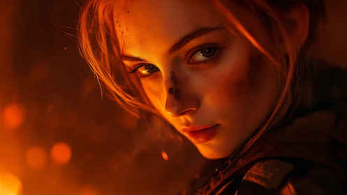 Fierce female fighter portrait in intense firelight glow.