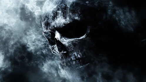 Ghostly skull emerges from swirling monochrome smoke veil