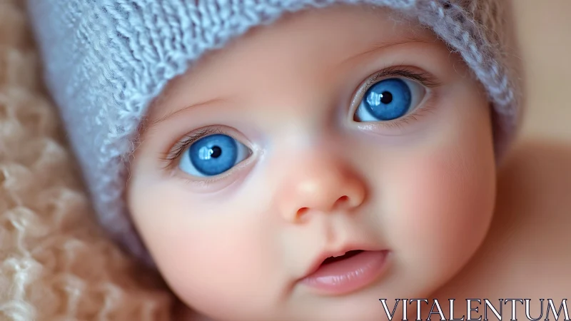 Infant with Striking Blue Eyes Wearing Knit Cap.