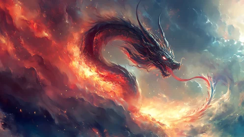 Fiery sky dragon swirling through glowing storm clouds.
