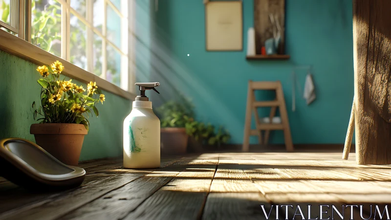 Sunlit corner with flowers and soap in a cozy teal room.