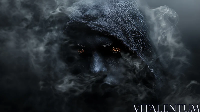 Hooded shadowed face emerges through swirling dark smoke