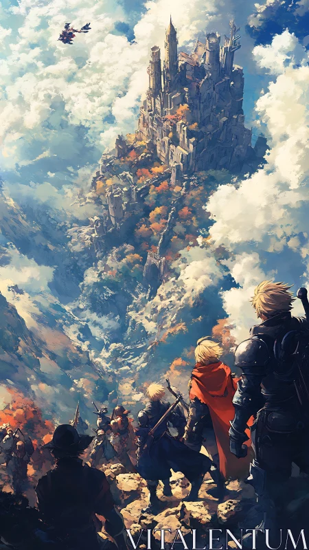 Skybound citadel above clouds with approaching knights