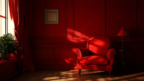 Crimson armchair in sunlit monochrome interior drama.