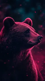 Neon-lit bear portrait under vivid magenta rim light.