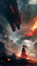 Fiery dragon confronts lone figure amid stormy burning sky