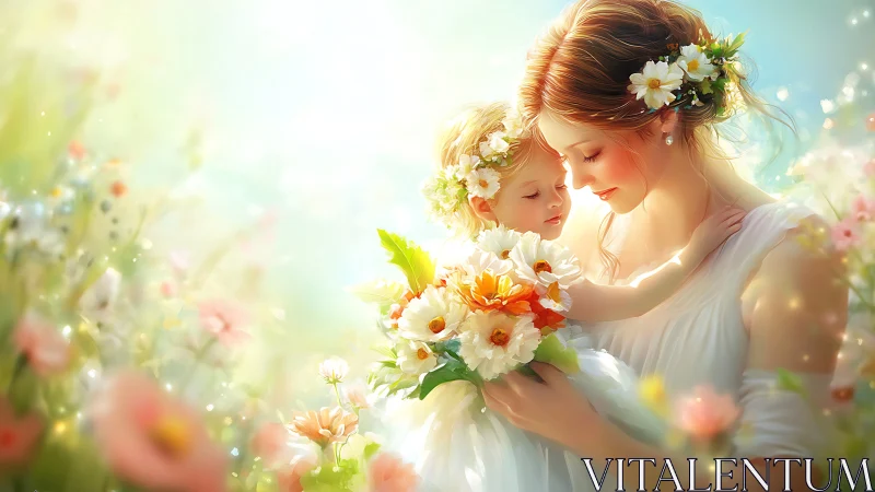 Sunlit mother and child sharing a tender floral embrace.