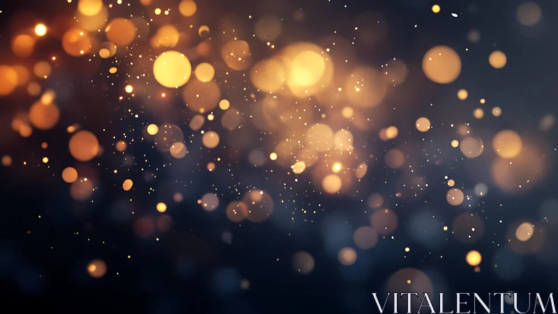 Warm golden bokeh lights on dark abstract background, digital art.