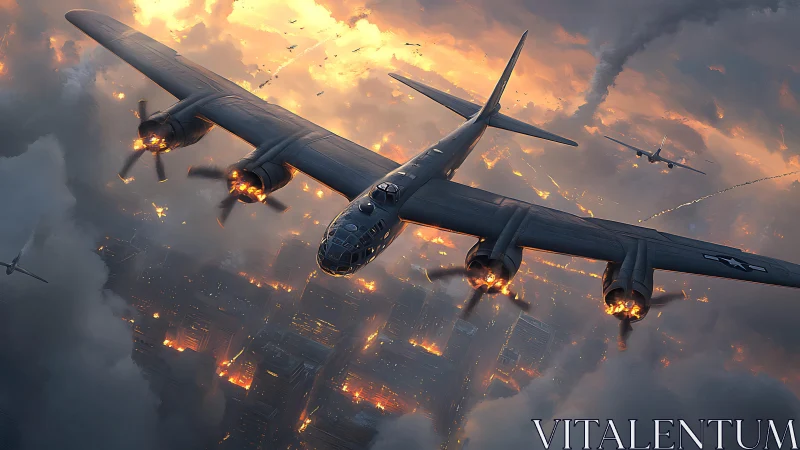 Military bomber aircraft over burning city at dusk sky.