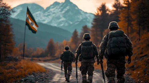 Indian soldiers on autumn mountain patrol at sunrise.