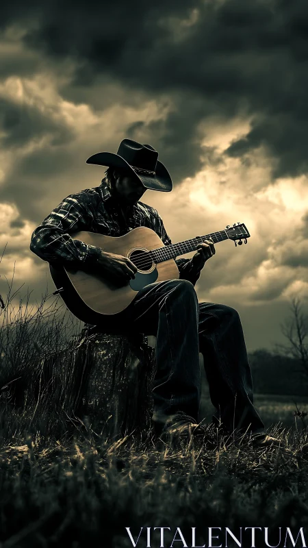 Moody cowboy silhouette playing acoustic guitar at dusk.
