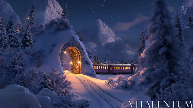 Warm-lit mountain train emerges from snowy tunnel at night